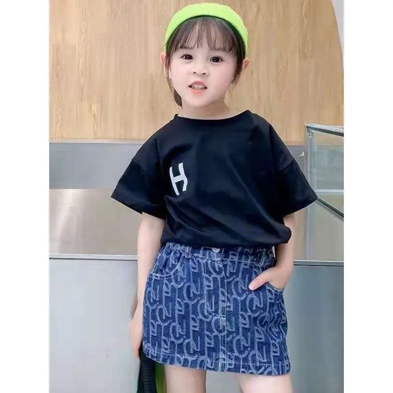 Kids Girls Basic Letter All Over Print Elastic Waist Denim Skirt