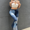 Women Fashion Retro Stitching Color Blocking Flared High Waist Jeans