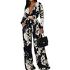 Fashion Casual Floral Printed Sexy V-Neck Long-Sleeved Blouse Wide-Leg Pants Two-Piece Set