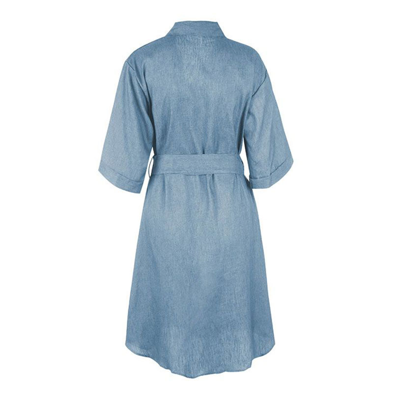 Women Casual Sash Half-Sleeve Shirt Collar Side-Slit Denim Dress