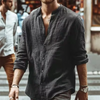 Men Shirts Loose Cotton Linen Solid Long Sleeve Stand Collar Button Retro Sexy Tops