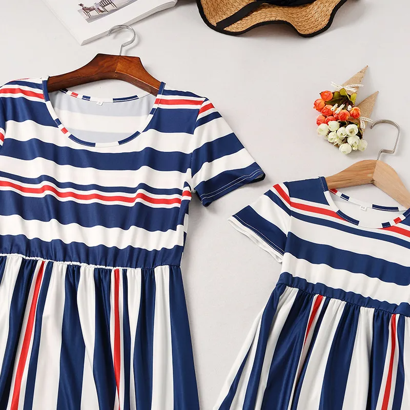 Fashion Striped Mother-Daughter Casual Short Sleeve Family Matching Maxi Dress