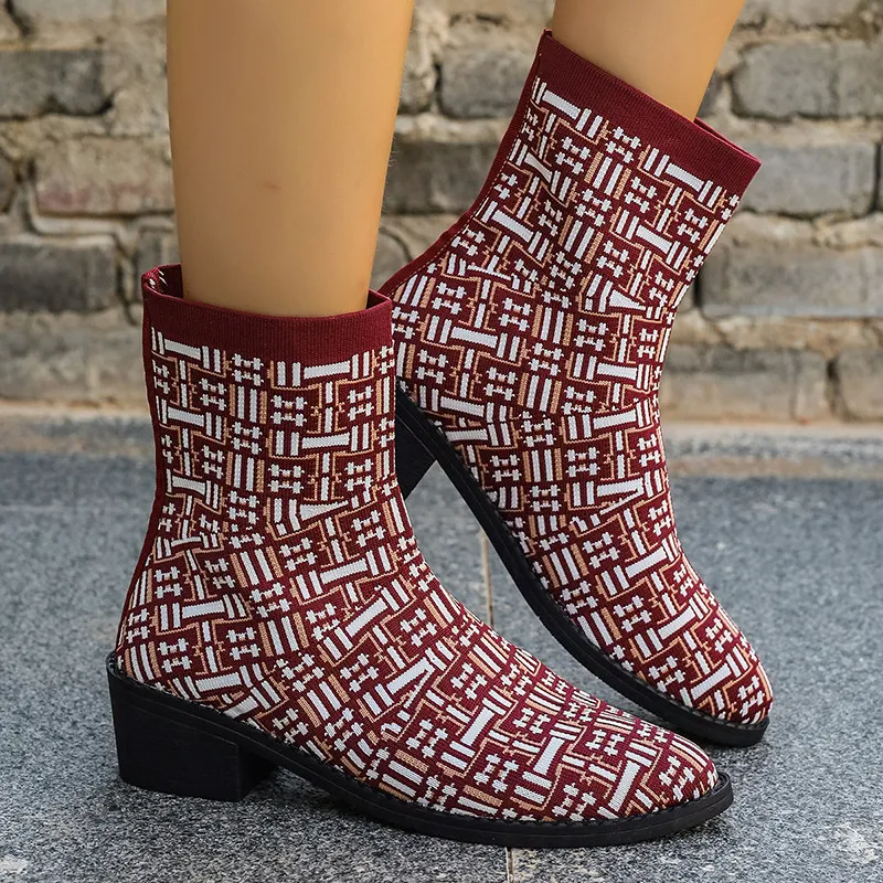 Women Simple Plus Size Fashion Print Pointed Toe Short Boots