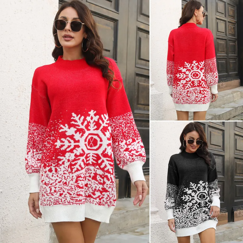 Winter Women Fashion Christmas Snowflake Jacquard Lantern Sleeves Loose Knitted Dress