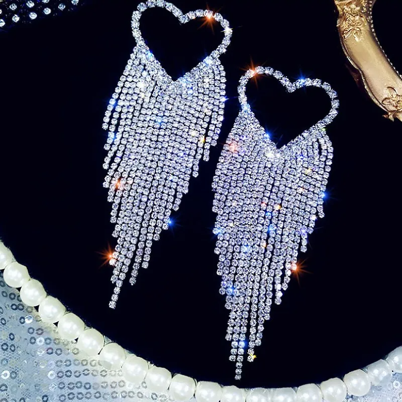 Women Fashion Exaggerated Heart-Shaped Rhinestone Hollow Tassel Earrings