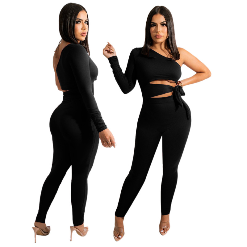 Women Solid Color One Shoulder Long Sleeve Cutout Lace-Up Top And Pants Casual Two Piece Set