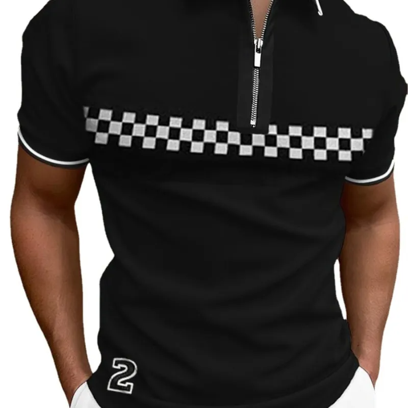 Men Fashion Colorblock Zip Lapel Chest Plaid 2 Graphic Print Short Sleeve Loose Polo Shirt