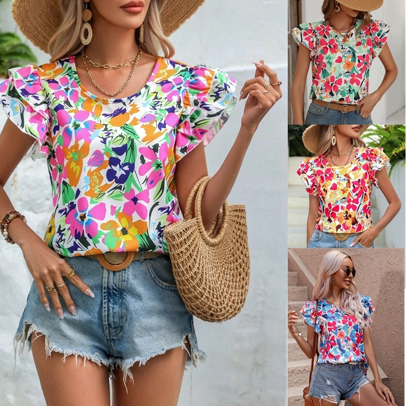 Fashion Women Summer Vacation Floral Print Double Layer Ruffled Short-Sleeved Blouse