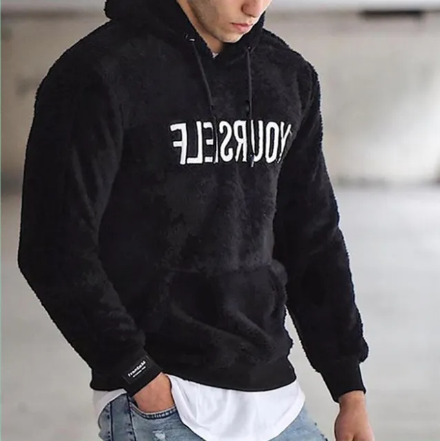 Men Casual Simple Solid Color Double Sided Fleece Hooded Letter Print Sweatshirt