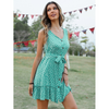 Women Fasion Casual Vacation Stone Print Ruffled Lace-Up Defined Waist Sleeveless Dress