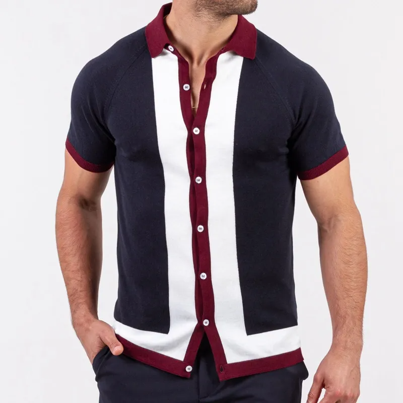 Men Casual Single-Breasted Stitching Contrast Color Short-Sleeved Knitted Polo Shirt