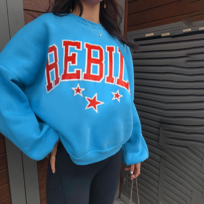 Winter Women Casual Letter Star Printing Round Neck Loose Long Sleeve Sweatshirt