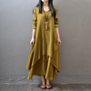 Women Ramadan /Eid Fashion Literary Solid Color Linen Long Sleeve V Neck Irregular Dress