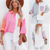 Women Fashion Summer Blocking Color Loose Long Sleeve Shirt Blouse