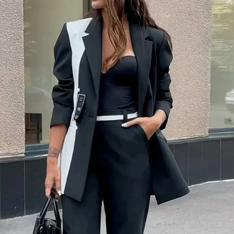 Women Fashion Casual Black White Color Block Blazer Jacket Straight Leg Pants Two-Piece Set