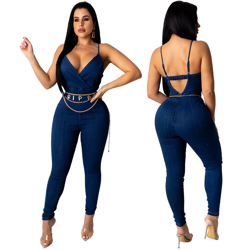 Sexy Backless Patchwork Denim Sling Jumpsuits