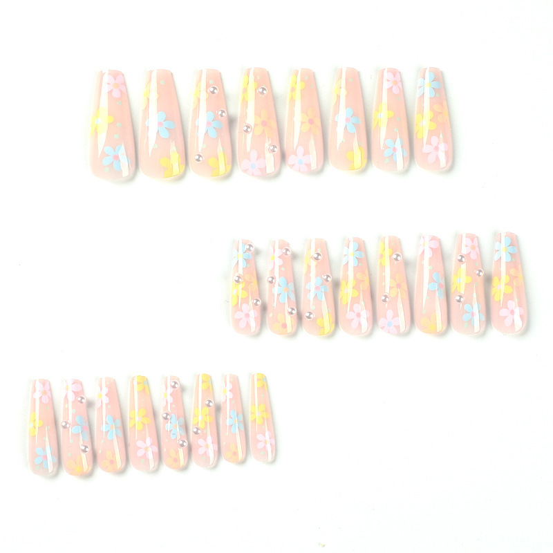 ( Buy 1 Get 1 ) Women Fashion Multicolor Floral Pearl Wearable Long False Nails