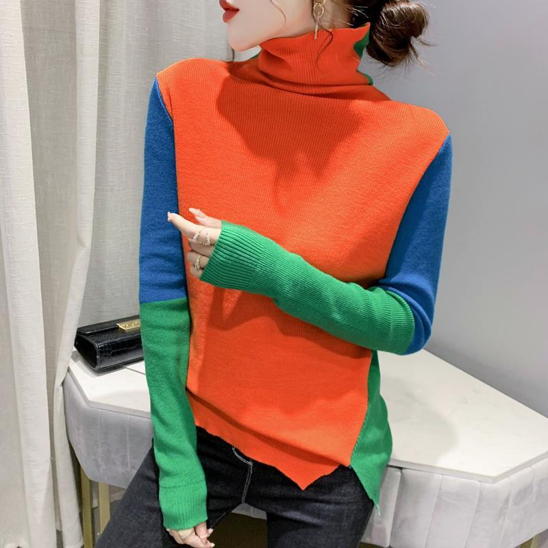 Women Fashion Stitching Pullover Turtleneck Sweater