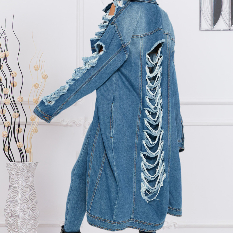 Women'S Fashion Ripped Long Sleeve Denim Jacket