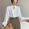 Women Fashion Elegant Solid Color Pointed Collar Long Sleeve Cut Out Shirt Blouse