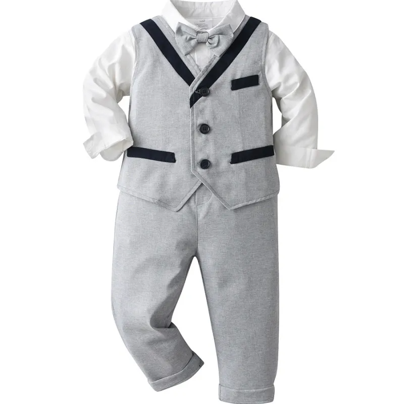 Kids Big Boys Spring Autumn Fashion Casual British Style Bow Waistcoat Lapel Shirt Trousers Boys Party Clothing Set