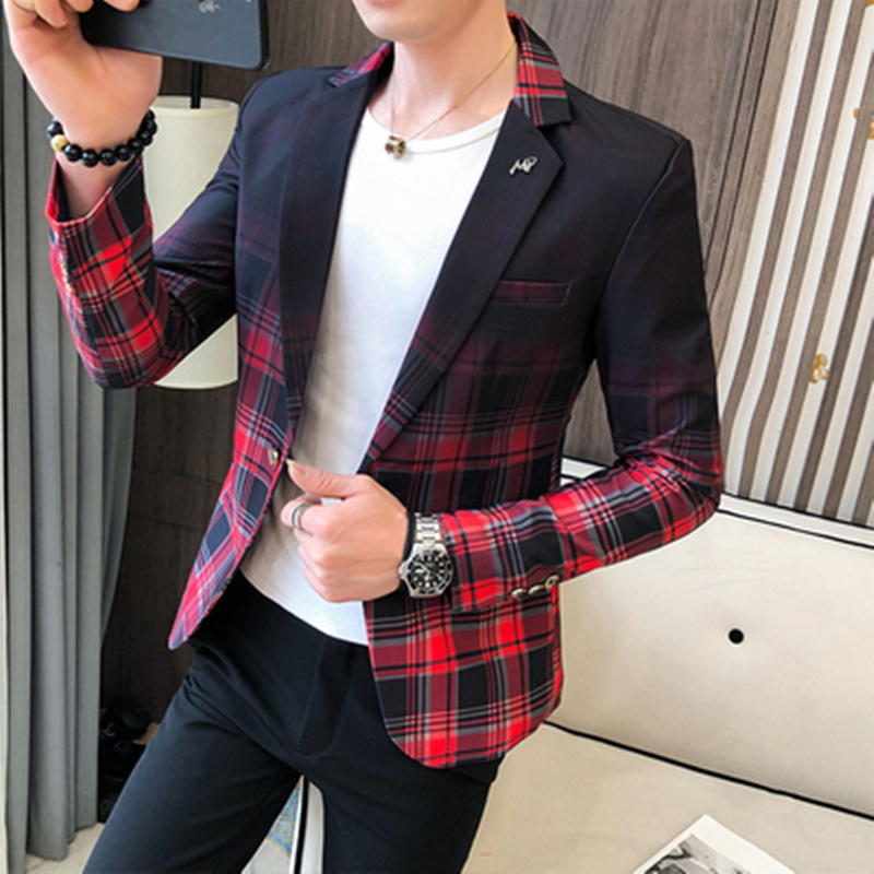 New Style Fashion Men Slim Fit Leisure Plaid Pattern One Button Blazers