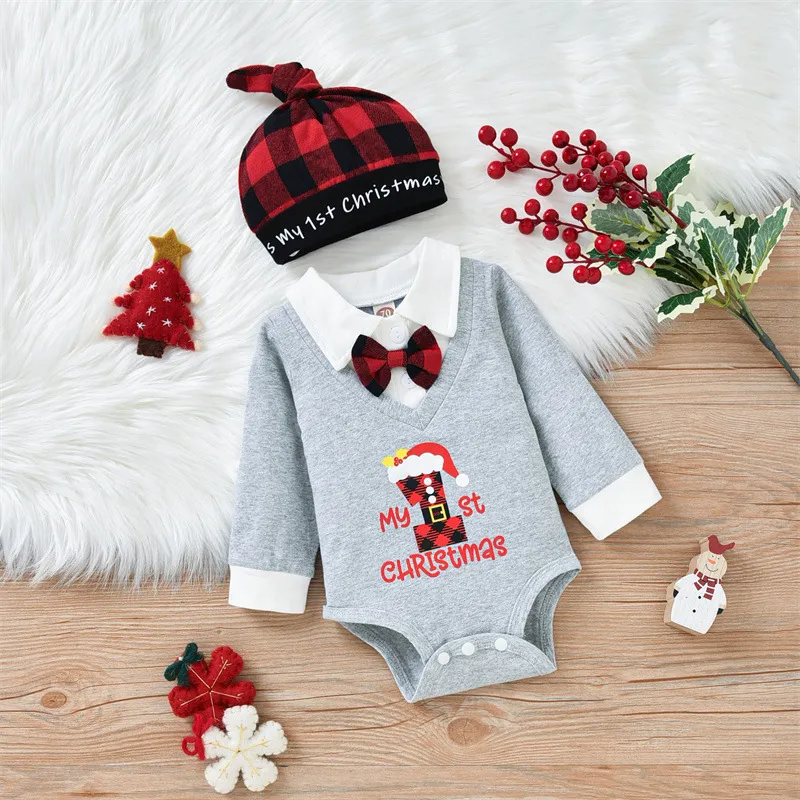 Kids Baby Boys Fashion Casual Christmas Bow Lapel Long Sleeve Romper Plaid Trousers Sets