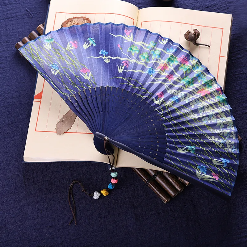 (Buy 1 Get 1) Ethnic Style Flower Type Erqing Fan Bone Cotton Cloth Folding Fan