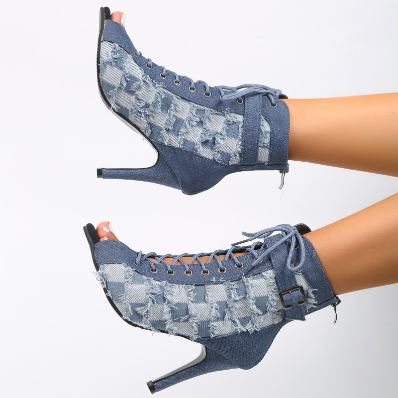 Women Fashion Sexy Plus Size Lace-Up Suede Checkerboard Peep Toe High Heels