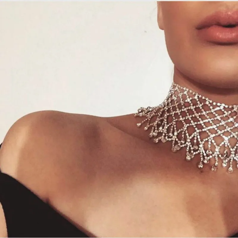 Women Fashion Exaggerated Mesh Water Drop Rhinestone Necklace