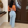 Women Denim Crop Bra Top And Ripped Fringe Trousers Two-Piece Set