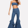 Sexy Women Tube Top Flared Jeans Two-Piece Denim Set