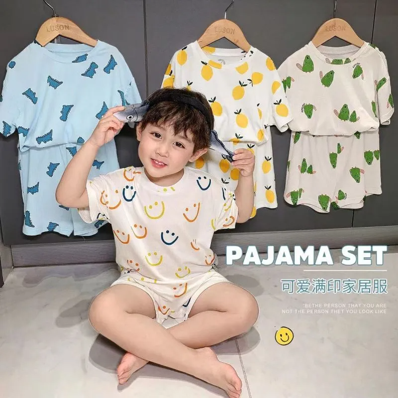 (Buy 1 Get 1)  Children Kids Baby Fashion Girls Boys Short Sleeve Cartoon Print Top And Short 2pcs Pajamas Set