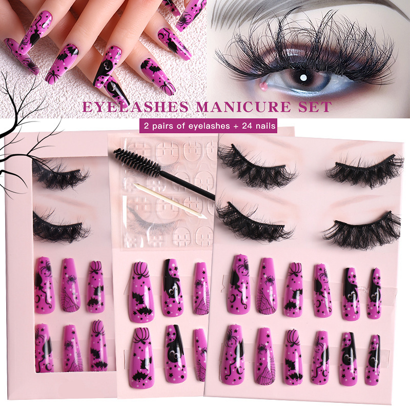 Women Multi Layer Thick Messy False Eyelashes Halloween Skull False Nail Set