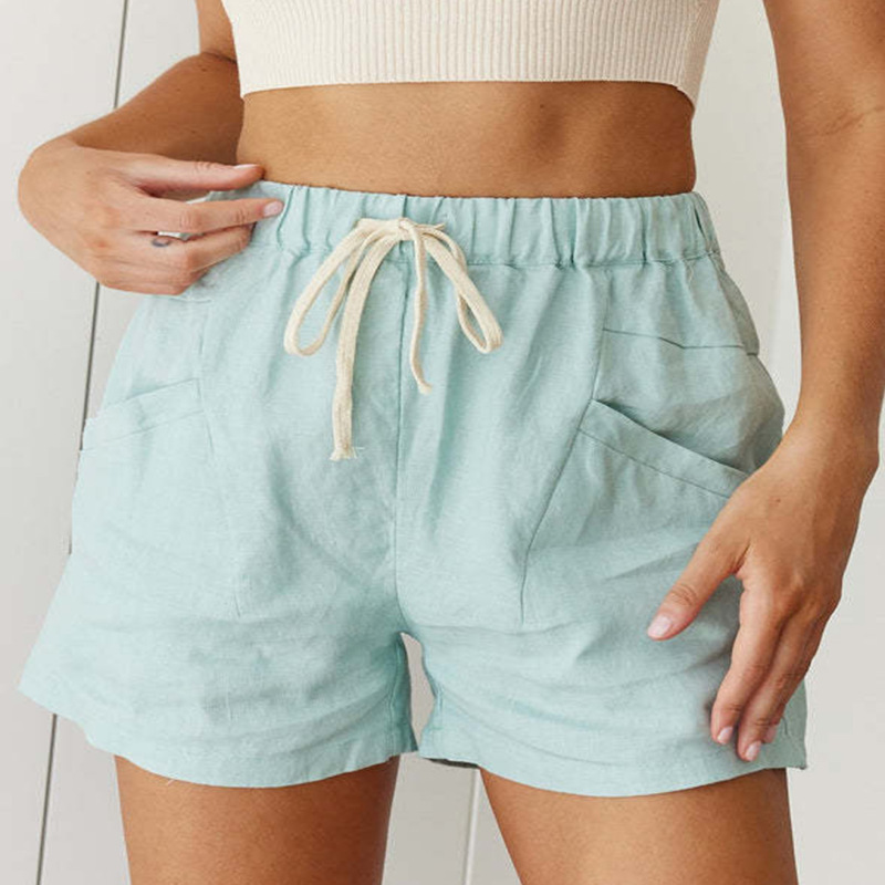 Women Fashion Casual Basic Solid Color Drawstring Waist Lace-Up Shorts