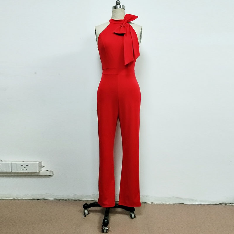 Women Elegant Bow Design Sleeveless Solid Color Jumpsuits