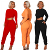 Women Solid Color Crew Neck Long Sleeve Cropped Top And High Waist Pants Fashionable Two-Piece Set