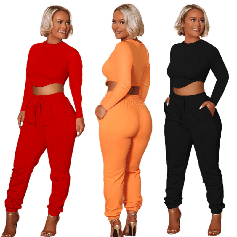 Women Solid Color Crew Neck Long Sleeve Cropped Top And High Waist Pants Fashionable Two-Piece Set