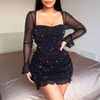 Women Temperament Sparkling Long-Sleeved Party Mini Pleated Dress