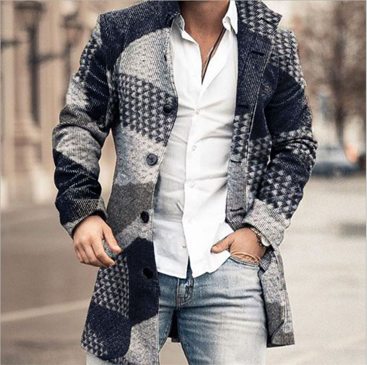 Men Fashion Plaid Wool Stand Collar Mid-Length Coat