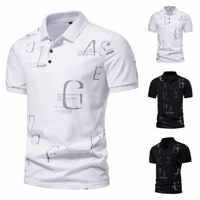 Men Business Casual Letter Print Short Sleeve Lapel Polo Shirt