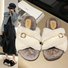 Autumn Winter Women Fashion Cross Plush Warm Round Toe Flat Home Slippers