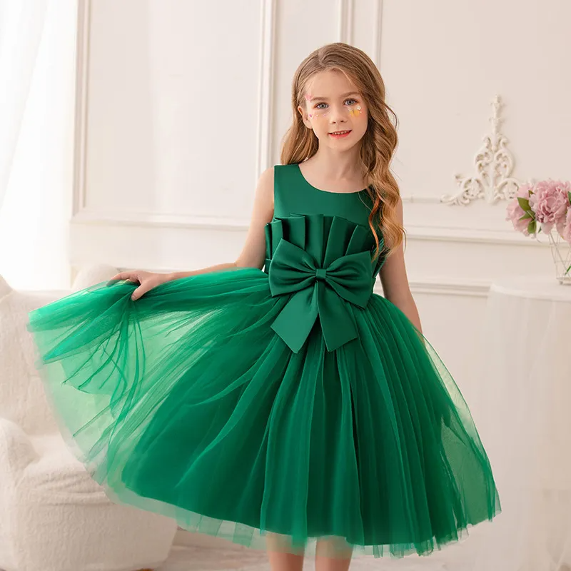 Kids Toddler Big Girls Casual Cute Party Mesh Bow Sleeveless Round Neck Tutu Princess Dress