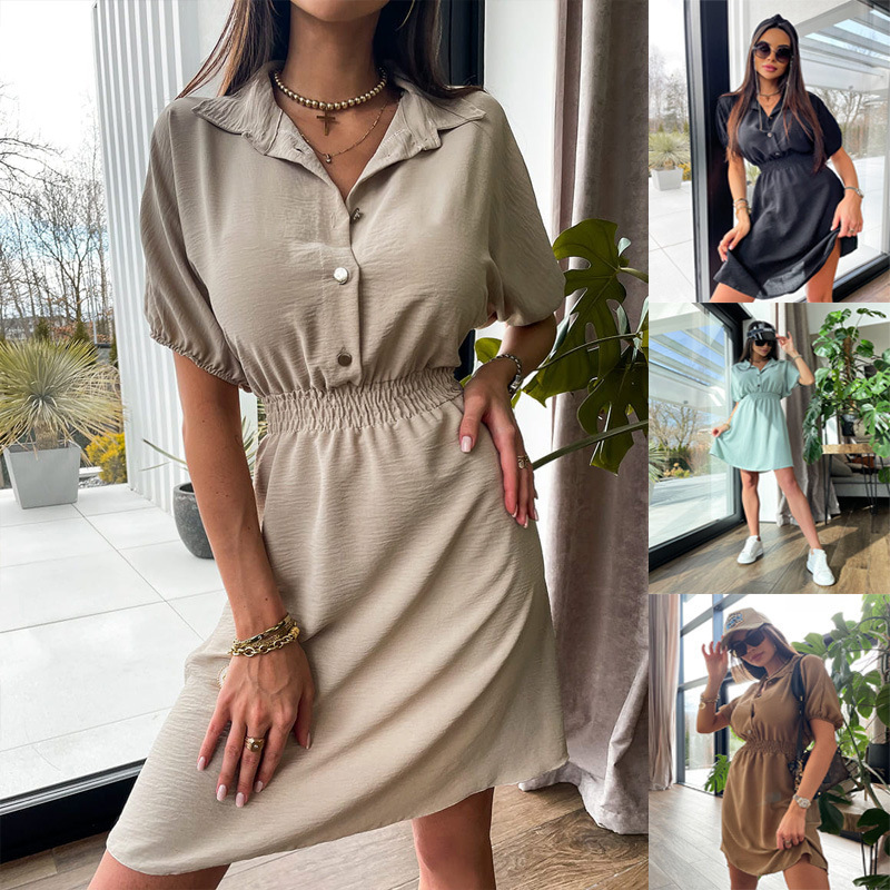 Women Fashion Casual Solid Color Lapel Single-Breasted Short Sleeve Dress