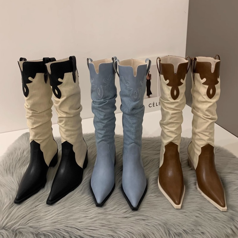 Women Fashion Retro Solid Color Pointed Toe Western Denim Heap Boots