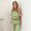 Women Fashion Sexy Solid Color Slanted Shoulder PU Leather Top Pants Two-Piece Set