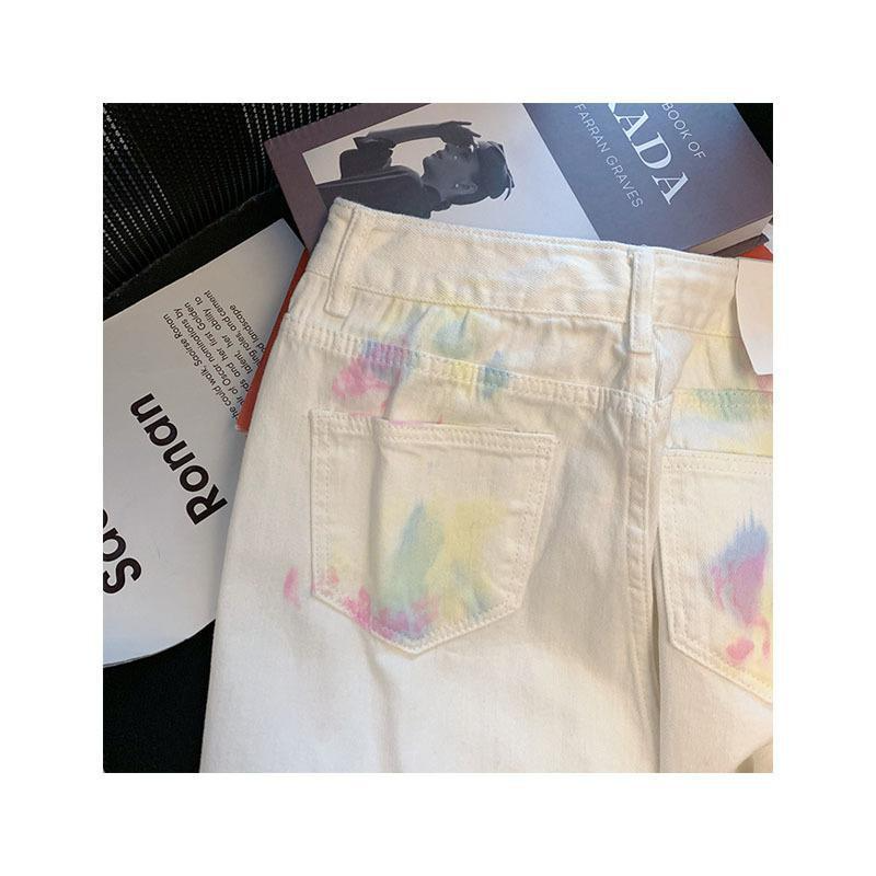 Women Fashion Casual Tie Dye Printing High Waist Straight Denim Pants