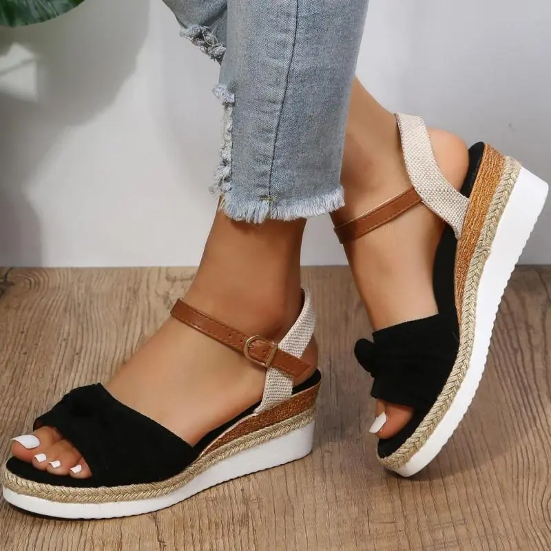 Women Fashion Plus Size Leopard Print One-Line Buckle Strap Round Toe Thick-Soled Sandals