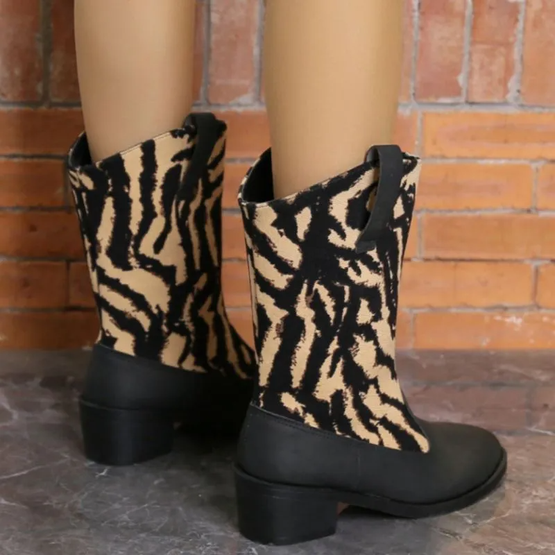 Women Fashion Plus Size Ethnic Style Floral Embroidery Stripe Mid-Calf Boots