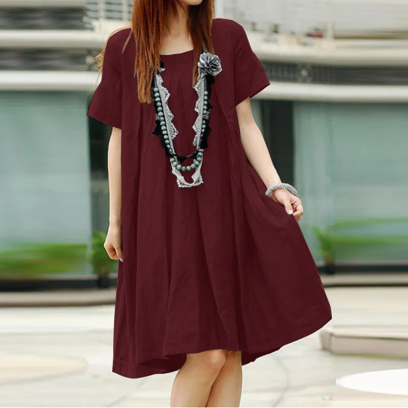 Women Fashion Casual Creased Short Sleeve Loose Dress